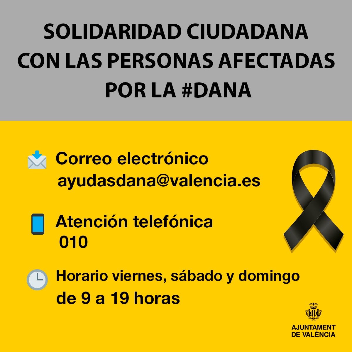 <a href="/participaVLC/">ParticipaVLC</a> <a href="/bomberosvlc/">Bombers Ajuntament València</a> <a href="/policialocalvlc/">PoliciaLocalValència</a> <a href="/GVA112/">Emergències 112CV</a> <a href="/generalitat/">Generalitat</a> <a href="/protecivilvlc/">Protecció Civil VLC</a> <a href="/FDMValencia/">FDM Deporte València</a> <a href="/JCF_Valencia/">Junta Central Fallera</a> <a href="/FedVeinalVLC/">Federació d'Associacions Veïnals de València</a> <a href="/CaveCova/">CAVE-COVA</a> 📣 ¿Quieres ayudar a las personas afectadas por la #DANA?

Puedes escribir a la dirección de correo 📩 o llamar al ☎️010 y te indicarán como canalizar tu solidaridad.

Es fundamental concentrar y coordinar las ayudas para que lleguen a su destino. 

Gracias #València 🫶