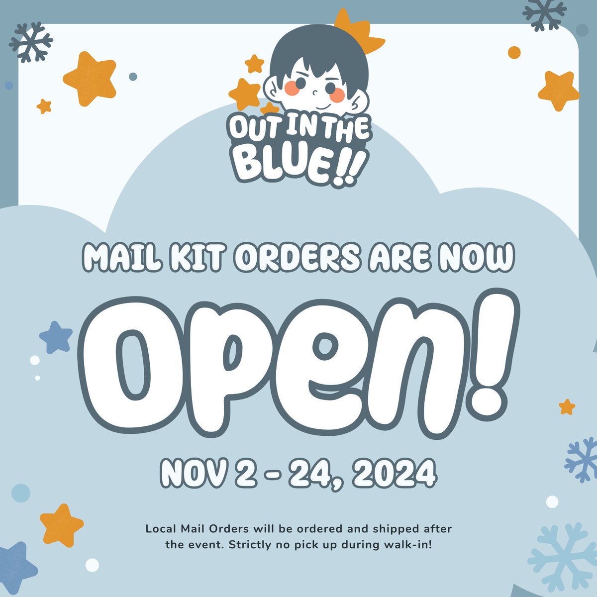 TobioCSE's tweet photo. 🌨️ MAIL KIT ORDERS🌨️

The day you've been waiting for is finally here. Mail kit orders are NOW OPEN! 🤩💙

They will be open from today until November 24, 9PM and it will be shipped after the event!

Order here:
🛍️https://t.co/i7cUSzI3Nr

#TobioCSE2024 #KageyamaTobio https://t.co/EBvRpYb29m