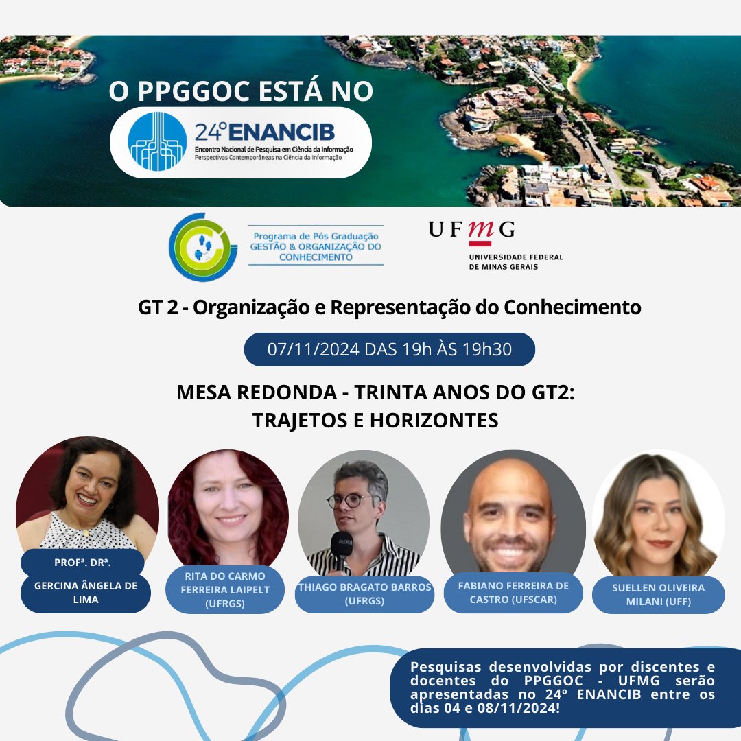Os docentes e discentes do PPGGOC UFMG estarão no XXIV Encontro Nacional de Pesquisa em Ciência da Informação (ENANCIB), em Vitória-ES (04 e 08 de novembro), apresentando os resultados de suas pesquisas. Site: ancib.org/sites/enancib2…
<a href="/enancib2024/">enancib2024</a>