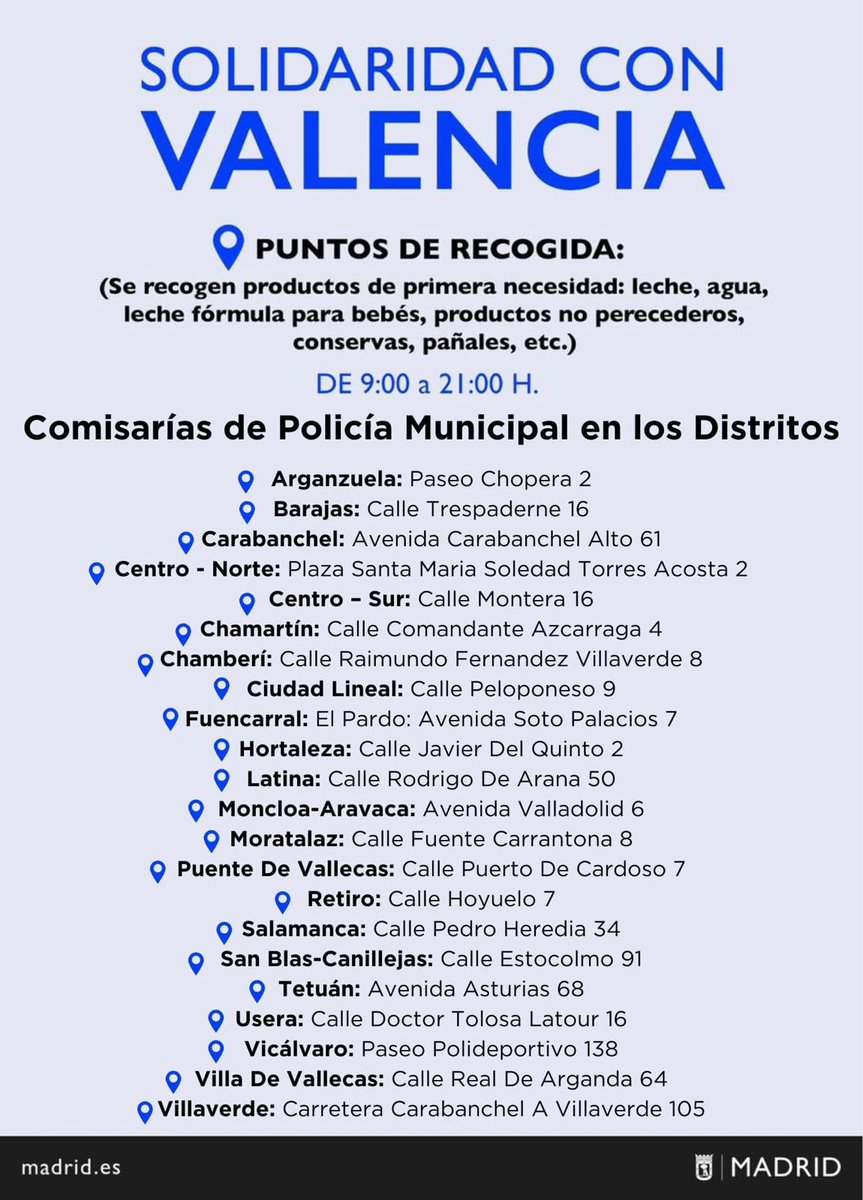 Ampliamos los puntos de recogida de ayuda a Valencia con las comisarías de Policía Municipal.