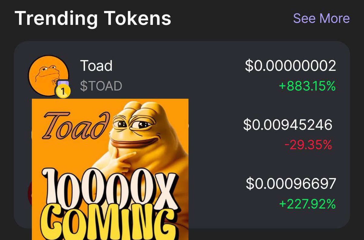 $TOAD trending number 1 on phantom 🐸

$SOL $PEPE #memecoin #solana #cryptocurrency $SHIB #crypto