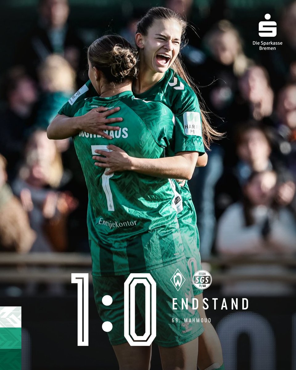 werderfrauen's tweet photo. Das Spiel ist aus! 

Wir holen den Heimsieg gegen die SGS Essen. 💚🤍

EINSZUNULLL heißt das Endresultat. 🥳🙌

⚽ 1:0 #SVWSGS | #Werderfrauen | #Werder https://t.co/RMvsXW8Q9C