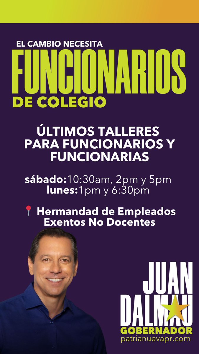 juandalmauPR's tweet photo. TALLERES PARA FUNCIONARIOS
🚨 ÚLTIMOS TALLERES🚨
👉🏻10:30am, 2pm y 5pm - sábado
👉🏻1pm y 6:30pm - lunes
📍 Hermandad de Empleados Exentos No Docentes (esquina detrás de Fueguitos en la Ave. Roosevelt-segundo piso. Identificado con bandera del PIP).

¡No nos quitamos! ✊🏽💚 https://t.co/QSsUwwQse6