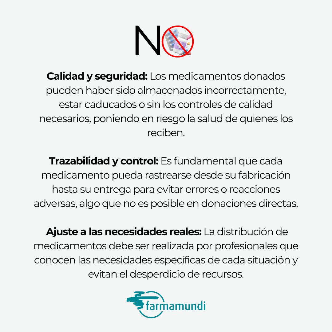 ⚠️ Agradecemos la solidaridad, pero recordamos que está prohibido realizar donaciones de medicamentos. Desde <a href="/farmamundi/">FARMAMUNDI</a> trabajamos junto al <a href="/micofvlc/">Micofvlc</a> para suministrar lo necesario a la red de farmacias operativas cerca de las zonas afectadas.