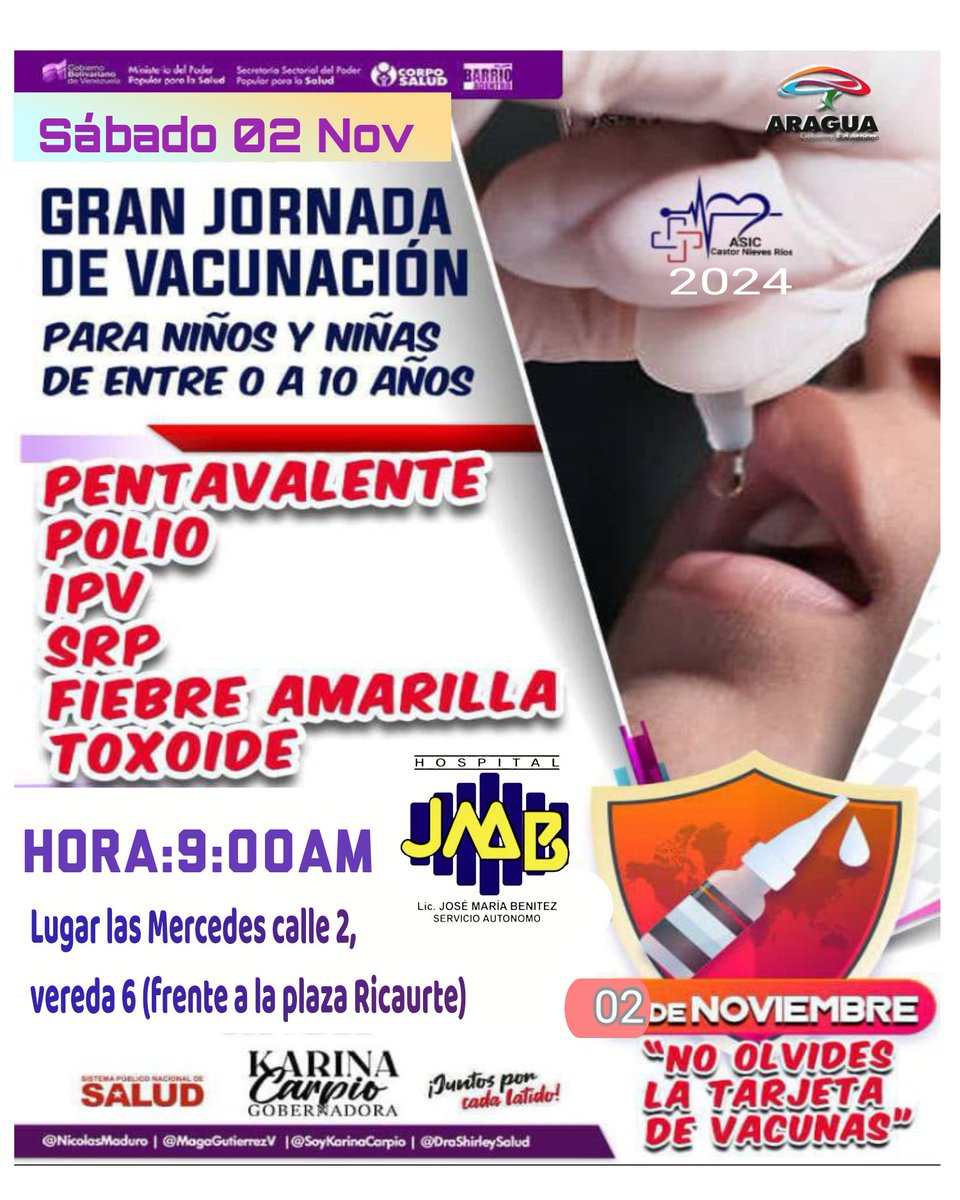 #02de Noviembre El personal de  epidemiología de nuestro hospital José María Benítez activo hoy en jornada de vacunación la prevención es la salud de nuestros niños y niñas.<a href="/DraShirleySalud/">Dra. Shirley Hernández</a> <a href="/delcyrodriguezv/">Delcy Rodríguez</a> <a href="/MinSaludVE/">MPPSalud</a>
