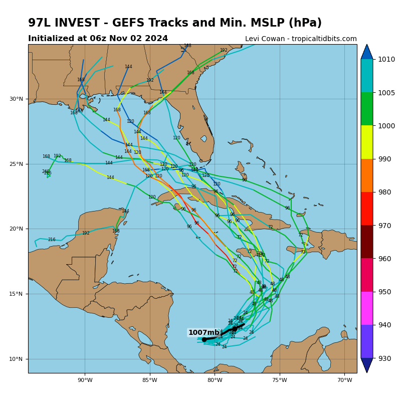 tropicalupdate's tweet photo. Invest 97 has been designated in the Caribbean. Spaghetti models soon. First batch from the GFS/CMC here on https://t.co/3cvwpvVJ22. https://t.co/PY3TddByG9