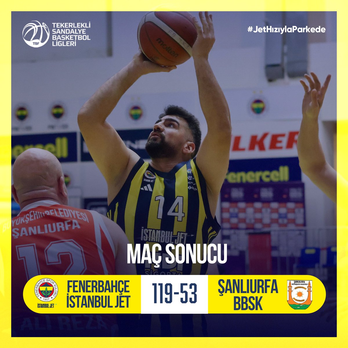fenerbahcetksb's tweet photo. Yeni sezona galibiyetle başlıyoruz! 💪

BRAVO TAKIM! 💛💙👏

Maç Sonucu | Fenerbahçe İstanbul Jet 🆚 Şanlıurfa BBSK: 119-53

Skor dağılımımız: Uğur 27, Yamaç 24, İbrahim 24, Bigdeli 15, Abedi 14, Mohsen 9, Ümit 6.

#JetHızıylaParkede https://t.co/sOKWMe2kB5