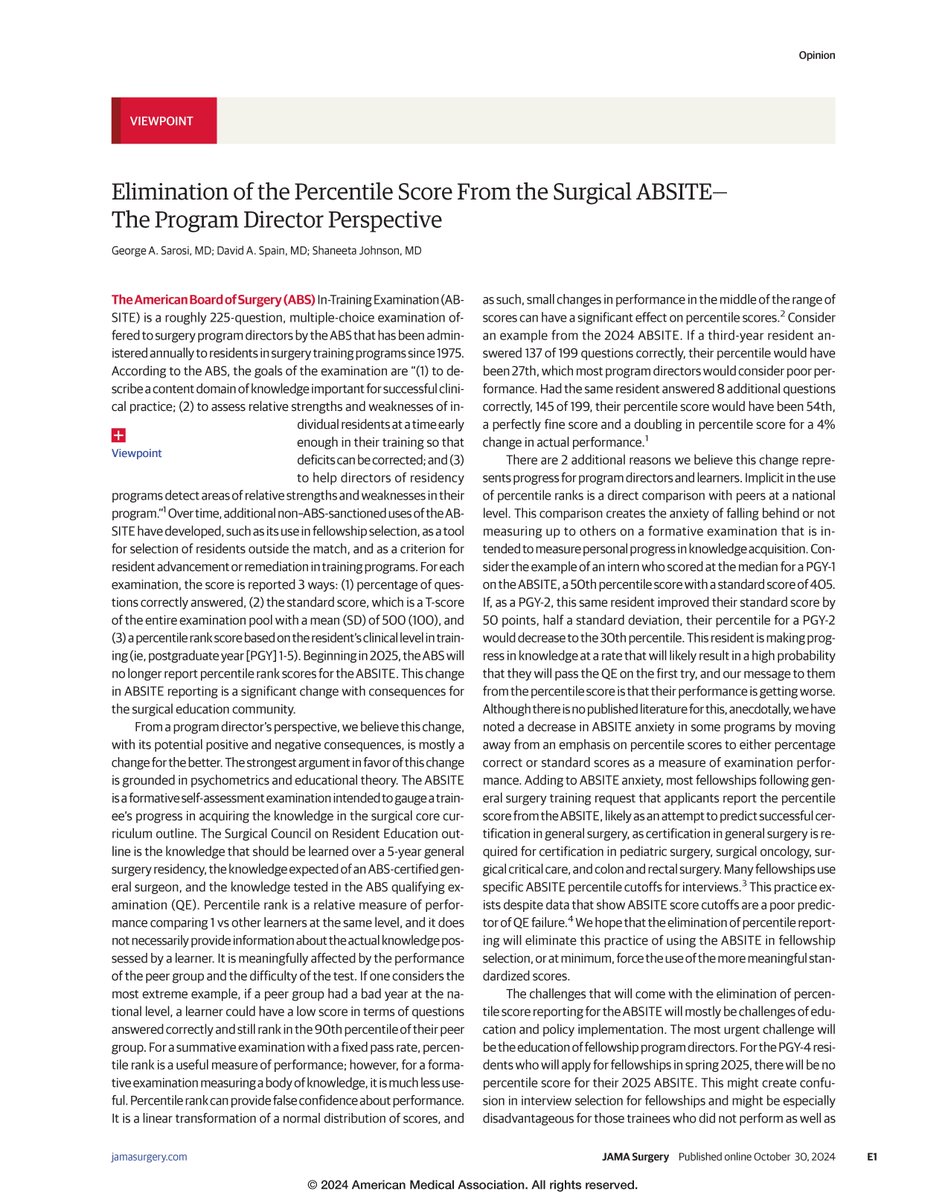 “Elimination of the Percentile Score From the Surgical ABSITE—The Program Director Perspective.” ja.ma/3Uswkh9
