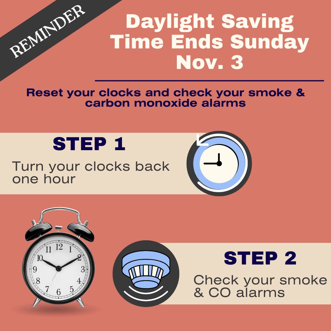 Easton Fire Department Reminds Residents to Change Clocks and Check Alarms as Daylight Saving Time Ends: Daylight Saving Time (DST) ends Sunday, Nov. 3 at 2 a.m. and clocks will move back one hour.  Properly installed and maintained smoke alarms are… eastonfire.com/2024/11/02/eas…