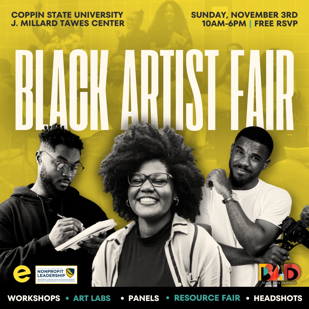Sunday, November 3, 10am-6pm

Meet Peale team member, Lexi Tyson, at the Black Artist Fair this Sunday and find out how you can use The Peale as a platform for YOUR exhibitions, performances, and programs!