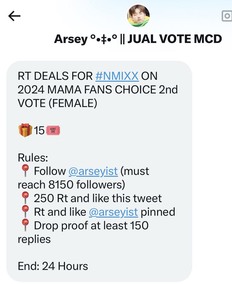 🚨🚨🚨RT DEAL #2🚨🚨🚨

RT DEALS FOR #NMIXX ON 2024 MAMA FANS CHOICE 2nd VOTE (FEMALE) 

🎁15🎟️

Rules: 
📍Follow <a href="/arseyist/">Arsey °•‡•° || JUAL VOTE BOYS 2 PLANET</a> (must reach 8150 followers) 
📍250 Rt and like this tweet 
📍Rt and like <a href="/arseyist/">Arsey °•‡•° || JUAL VOTE BOYS 2 PLANET</a> pinned
📍Drop proof at least 150 replies

End: 24 Hours

Drop proofs here