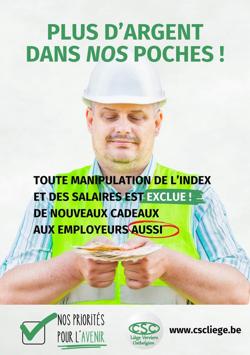 Plus d'argent dans la poche des citoyens, oui! Mais pas de manipulation de l'index et des salaires! Et non à de nouveaux cadeaux aux employeurs!
Découvrez toutes nos revendications pour les négociateurs politiques: lacsc.be/arizona