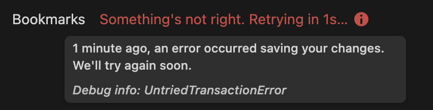 jomifepe's tweet photo. It gets worse, now anything I create just never gets saved, keeps retrying and failing. This is insane. https://t.co/ve8vvtpsAU