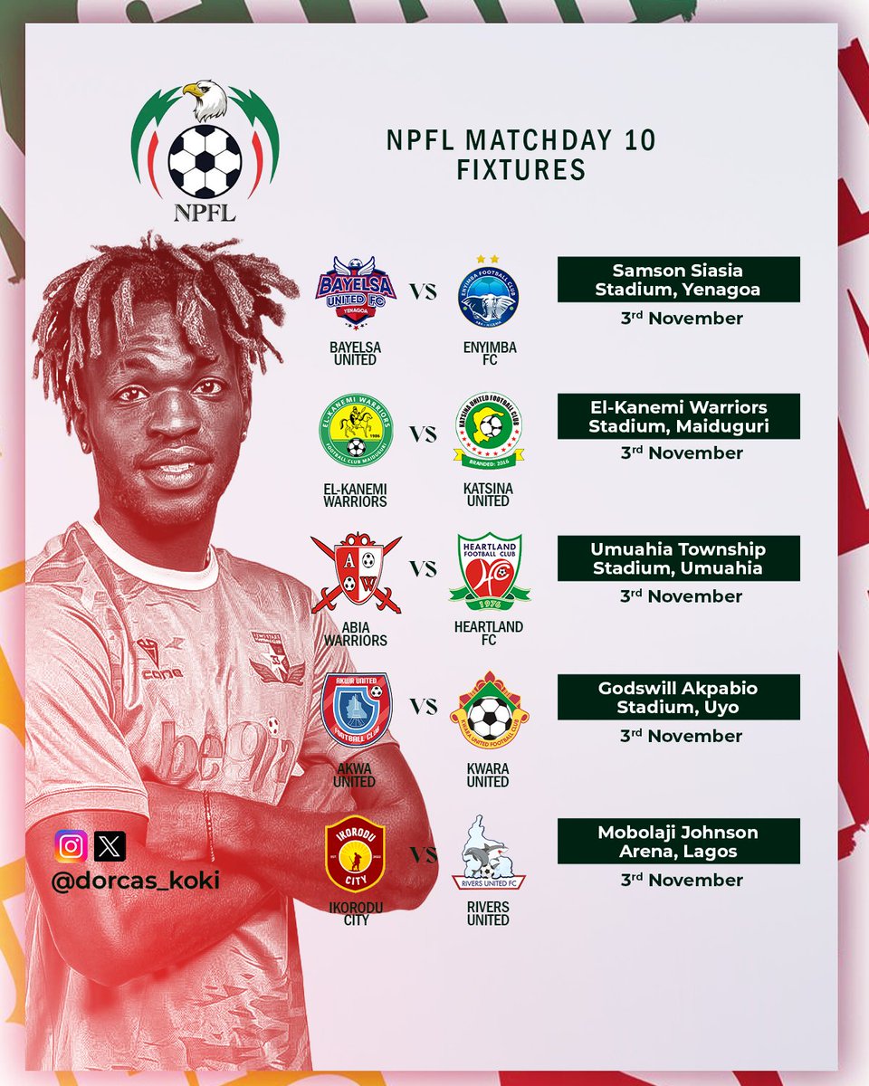 Dorcas_Koki's tweet photo. 🚨Welcome to another Matchday in the @NigeriaPFL 

Some tough matches to expect this weekend as Pillars host Plateau, Enyimba and Rivers both away and Remo entertains Lobi...

Where will your attention be this weekend? 

#NPFL25 #ItsOurOwn #MD10 https://t.co/F3tlaDMSUl