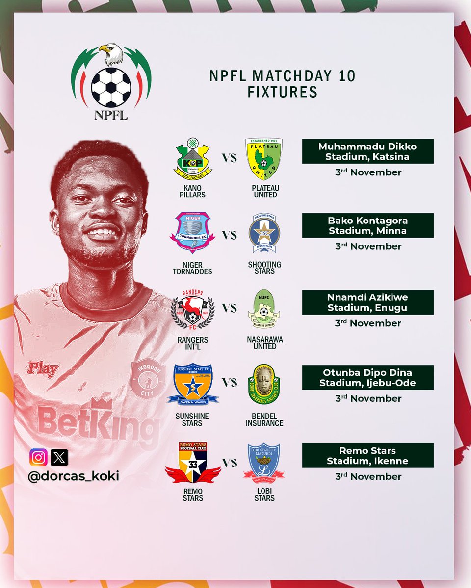 Dorcas_Koki's tweet photo. 🚨Welcome to another Matchday in the @NigeriaPFL 

Some tough matches to expect this weekend as Pillars host Plateau, Enyimba and Rivers both away and Remo entertains Lobi...

Where will your attention be this weekend? 

#NPFL25 #ItsOurOwn #MD10 https://t.co/F3tlaDMSUl