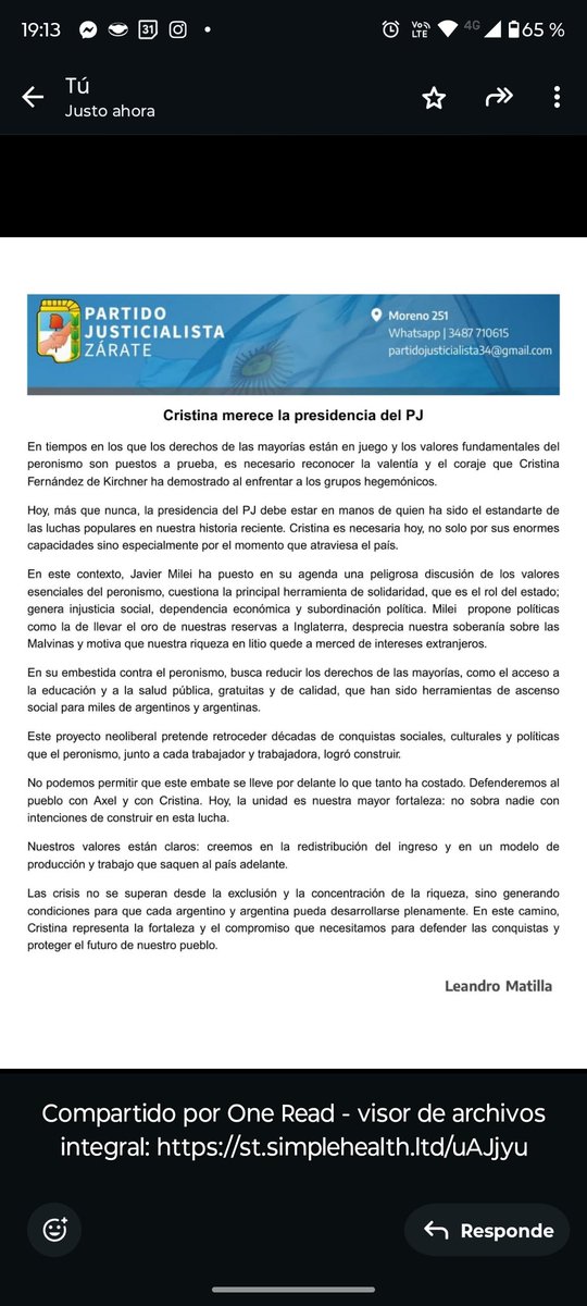 matilla_leandro's tweet photo. #InternaPJ 
"Cristina merece la presidencia del Pj"

@CFKArgentina
@ZaratePJOficial 
#Peronismo #MilitanciaPeronista #lucha #derechos #pj https://t.co/EZLY50AwOl