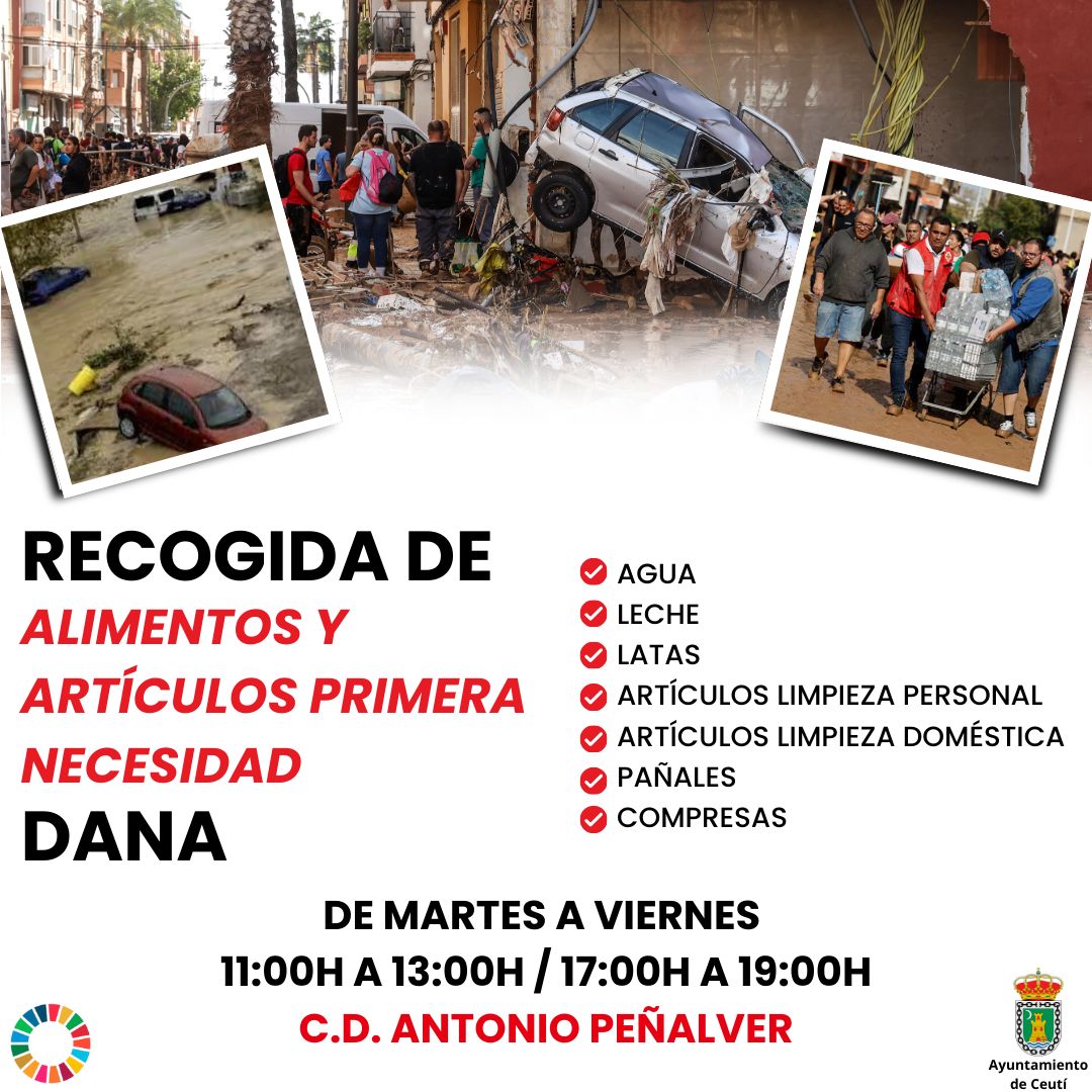 Onda Color (@ondacolor) on Twitter photo 📢 RECOGIDA DE ALIMENTOS Y ARTÍCULOS DE PRIMERA NECESIDAD PARA LOS DAMNIFICADOS POR LA DANA
El <a href="/Ayto_Ceuti/">Ayuntamiento Ceutí</a> organiza recogida de alimentos y artículos de primera necesidad para apoyar a afectados por la DANA.
🗓️ Horario:
martes a viernes
⏰ 11h a 13h y 17h a 19h
📍 CD A Peñalver 📢 RECOGIDA DE ALIMENTOS Y ARTÍCULOS DE PRIMERA NECESIDAD PARA LOS DAMNIFICADOS POR LA DANA
El <a href="/Ayto_Ceuti/">Ayuntamiento Ceutí</a> organiza recogida de alimentos y artículos de primera necesidad para apoyar a afectados por la DANA.
🗓️ Horario:
martes a viernes
⏰ 11h a 13h y 17h a 19h
📍 CD A Peñalver