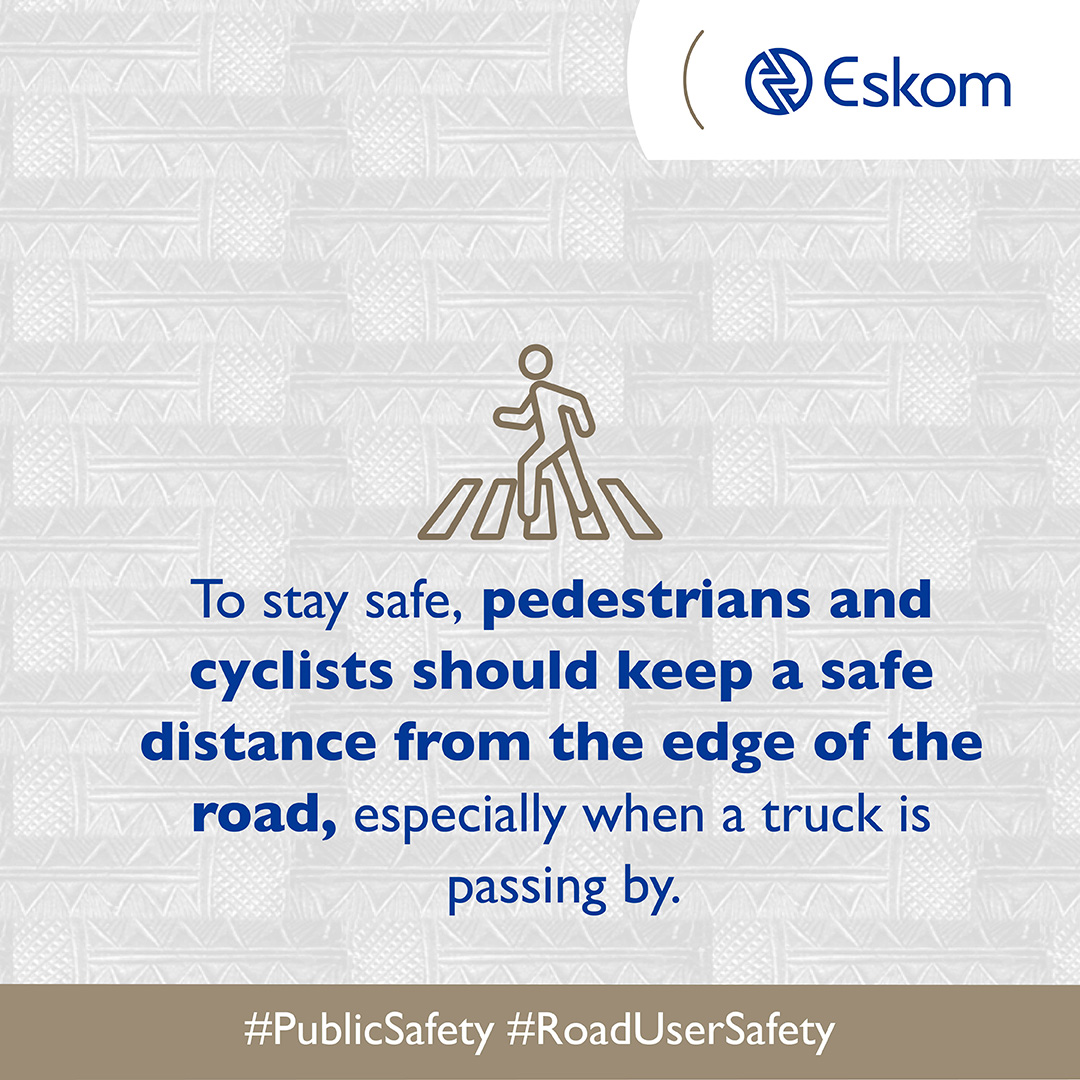 Eskom_SA's tweet photo. Pedestrians should always watch out for coal trucks, especially when they’re turning or pulling
off the road. Here are some other things to keep in mind when you’re near trucks.
#PublicSafety #RoadUserSafety https://t.co/0Ie6uJGFHQ
