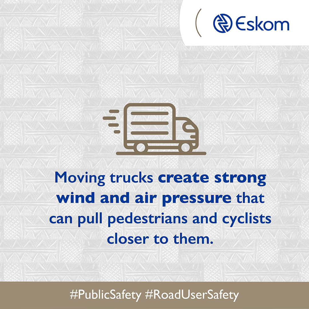 Eskom_SA's tweet photo. Pedestrians should always watch out for coal trucks, especially when they’re turning or pulling
off the road. Here are some other things to keep in mind when you’re near trucks.
#PublicSafety #RoadUserSafety https://t.co/0Ie6uJGFHQ