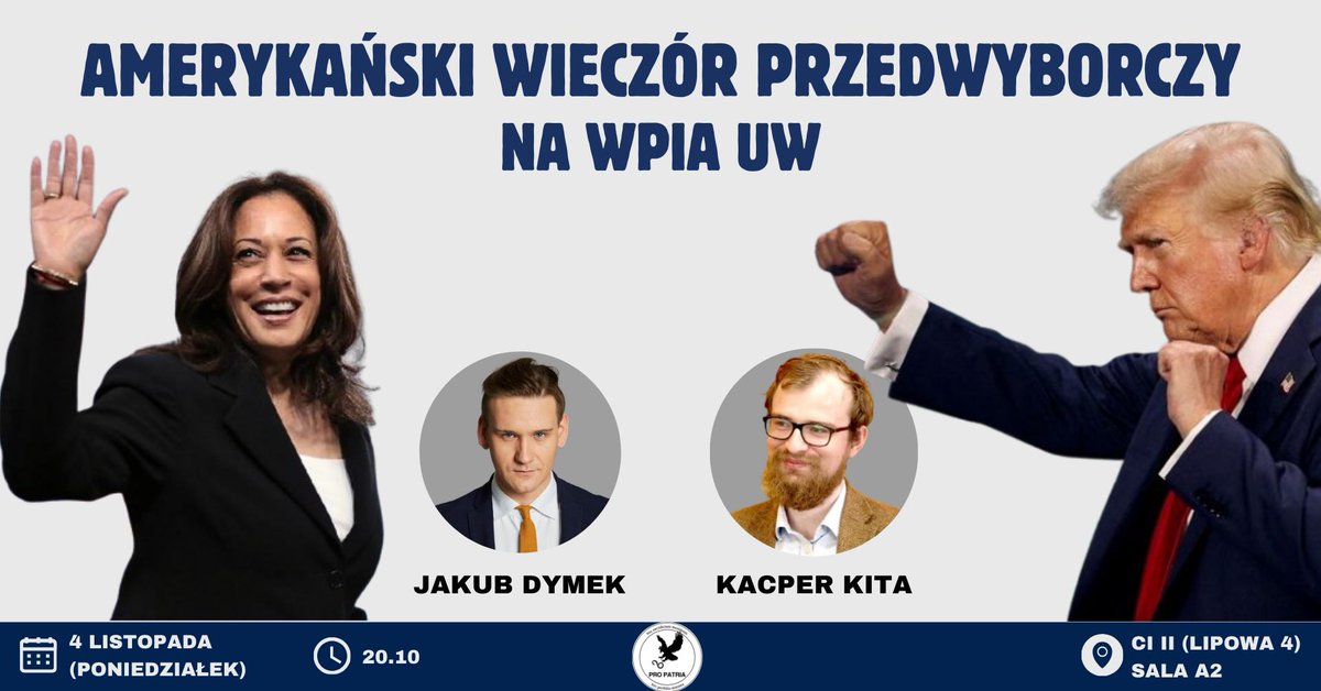 KNProPatria's tweet photo. Już w najbliższy poniedziałek odbędzie się Amerykański Wieczór Przedwyborczy na @WPiA_UW. Razem z @KacperKita i @jakub_dymek omówimy najważniejsze zdarzenia kampanii, sylwetki kandydatów i ich zaplecza, a także, co wynik wyborów będzie oznaczał dla świata i Polski. Zapraszamy! https://t.co/gj9eTqIRx7
