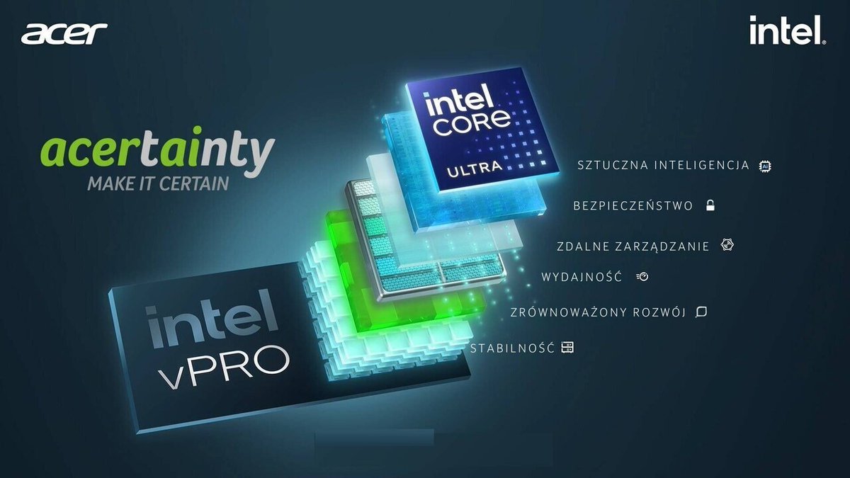 Wydobądź maksymalną moc obliczeniową przy minimalnym zużyciu energii dzięki Acer TravelMate wyposażonemu w procesory Intel® Core™ Ultra z Intel vPro®. Skorzystaj z potencjału AI, by rozwinąć swój biznes!
