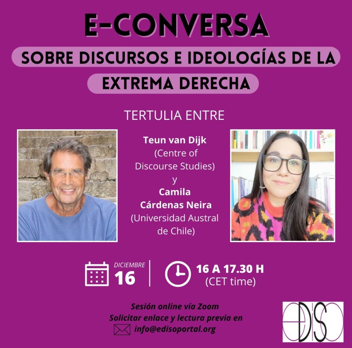 Desde EdiSo se está organizando este tremendo evento en el que conversaremos con Teun van Dijk en torno a los discursos e ideologías de extrema derecha, tema de especial interés y relevancia, especialmente  en la actual Argentina. Interesadxs, escriban a info@edisoportal.org 📩