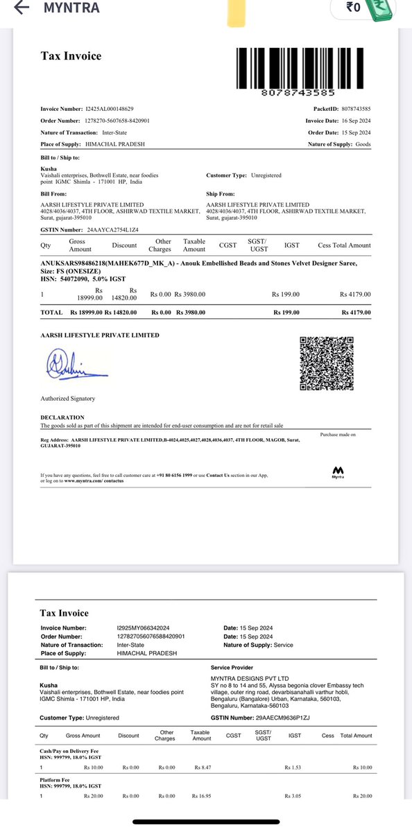 Kusha51799530's tweet photo. @myntra @MyntraSupport I ordered a saree from Anouk order no 
1278270-5607658-8420901
But I received from some brand called saree mall 
Sarees of Saree Mall brand are already available on myntra which look exactly the same and the parent seller is same for both the brands.
This is really some fraud thing that you people are doing with customers. 
I’m sharing invoice of my order and images of both brands in this
If the issue is not resolved I’m going to file a consumer forum regarding the same.
I requested multiple times for return of my items and filed multiple queries for same.
I’m being harrased for the same multiple times and my time and energy is being wasted on such stupid thing which is a big scam at your end
It’s my final request , otherwise I’m going to consumer court for the same