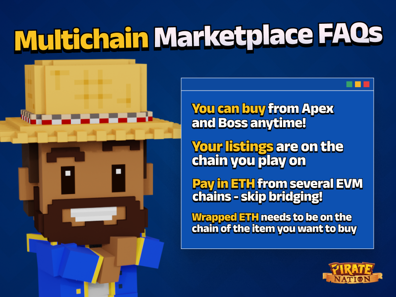 PirateNation's tweet image. Ahoy, Pirates! Here are some multichain facts about the marketplace you should know:

• You can buy any tradable item from either Apex or Boss (the item will bridge automagically!)

• Your listings will show up on the chain you play on, Apex or Boss

More below 👇