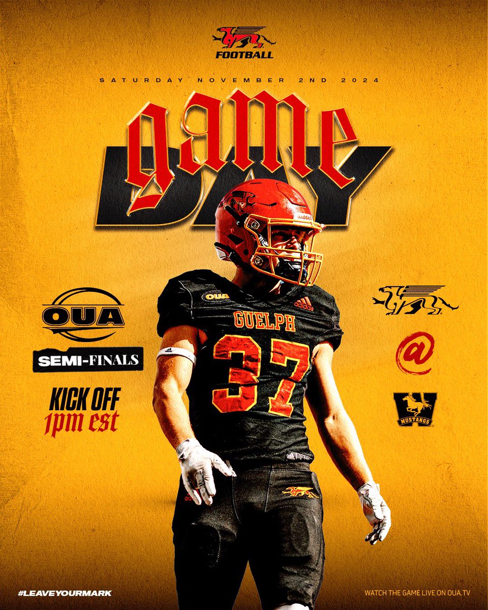 Get up! It’s game day! Gryphons head West to square off against Western with a chance to head to the Yates Cup 🏆. Let’s get loud in London! ❌🏈 #LeaveYourMark 

📍: Western Alumni Stadium
⏰: 1:00 PM 
📺: oua.tv