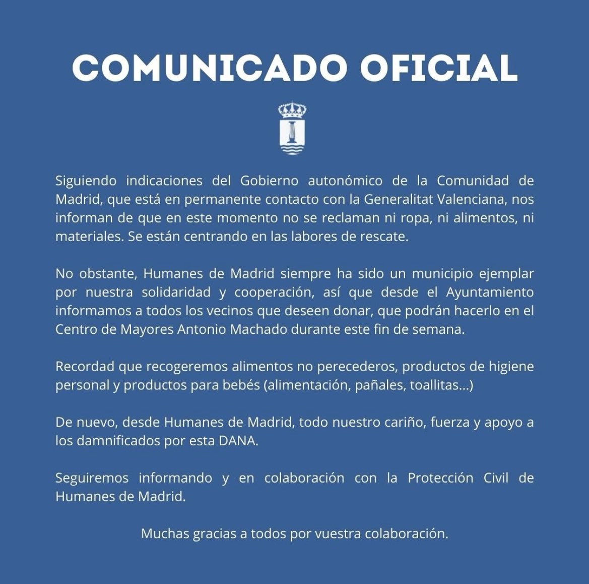 sarisfields's tweet photo. @FuckingBurbu En Humanes de Madrid también están recogiendo donaciones. Centro de Mayores Antonio Machado de 9:00 a 19:00 https://t.co/owpoBd3zgE