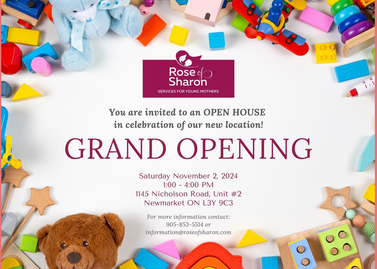 Join us today as we celebrate the grand opening of our new Rose of Sharon space! We're so excited to give you a tour and share what we’ve been working on. Everyone is welcome - we can't wait to see you there!⁠
Saturday Nov 2nd, 1-4pm
1145 Nicholson Rd, Unit #2
Newmarket