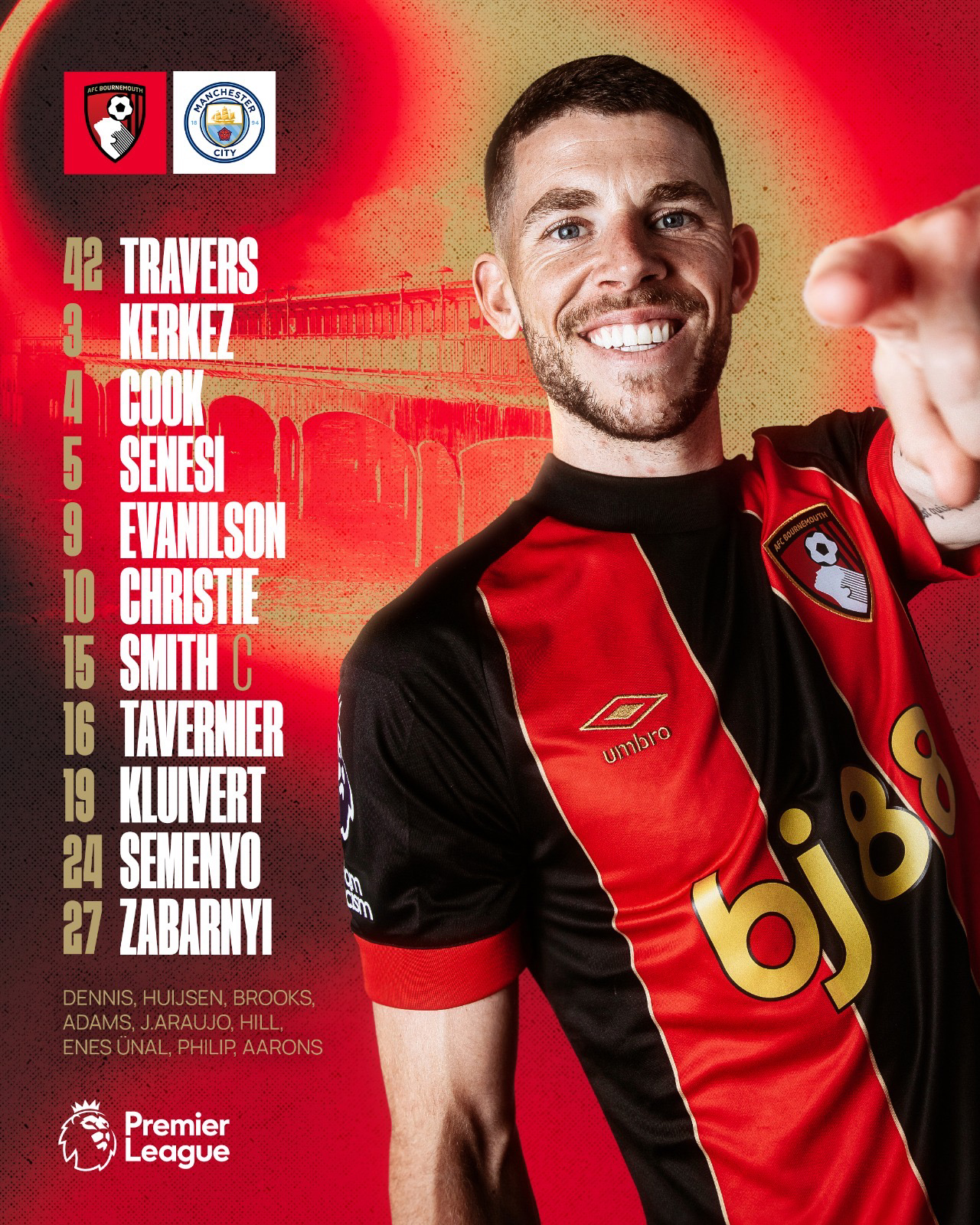 AFC Bournemouth: Travers, Kerkez, Cook, Senesi, Evanilson, Christie, Smith, Tavernier, Kluivert, Semenyo, Zabarnyi.

Subs: Dennis, Huijsen, Adams, Araujo, Hill, Enes Unal, Philip, Aarons. 
