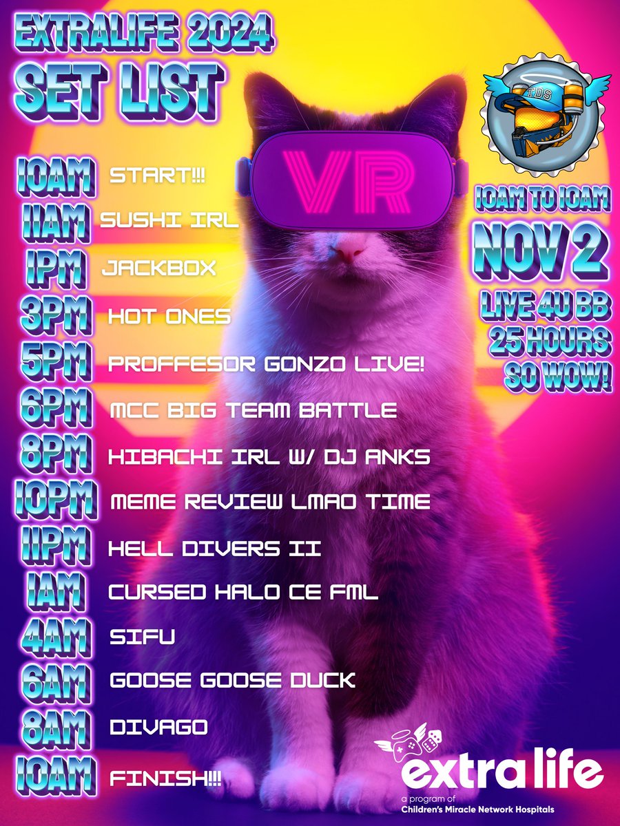Here is the ExtraLife stream lineup for 2024. 
Please join us at twitch.tv/daydreamboy and please don't forget to donate for the kids!
extra-life.org/participant/54…