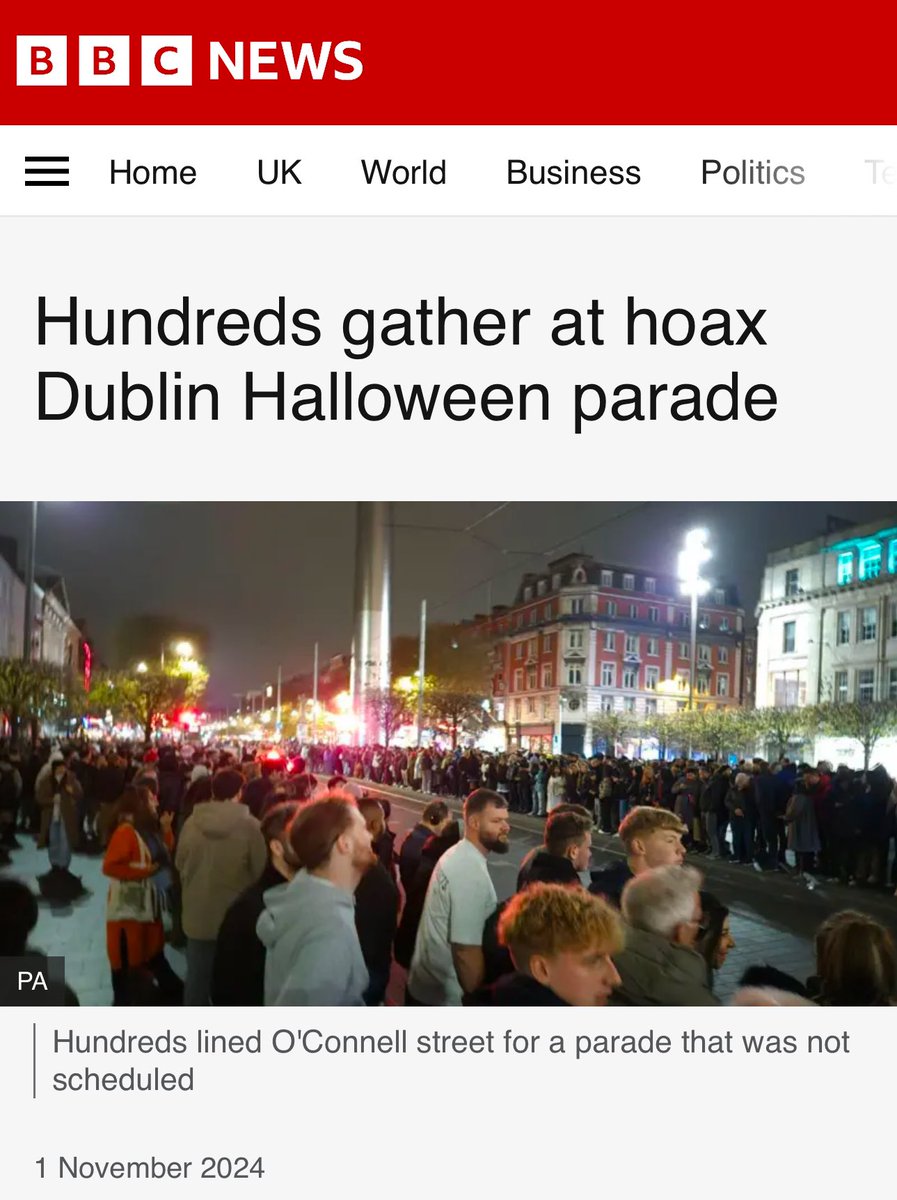 bilawalsidhu's tweet image. Turns out AI generated slop can have real world impact. On Halloween, crowds gathered in Dublin for a parade that didn’t even exist.

Police released a statement confirming no parade was scheduled, urging people to “disperse safely.”

The source? A three month old SEO agency…
