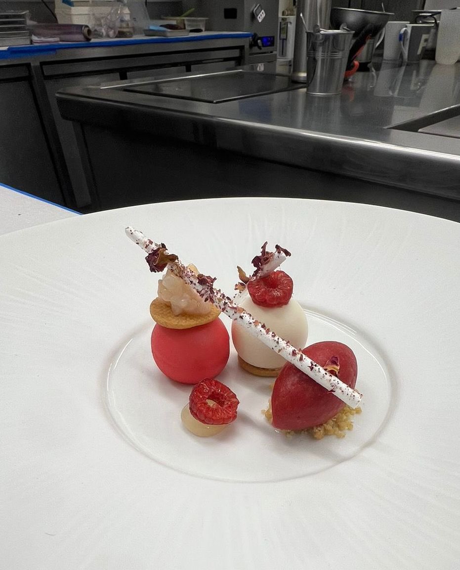 New dessert on <a href="/MarkPoyntonatCH/">Mark Poynton at Caistor Hall</a> White chocolate and rose mousse, raspberry sorbet, lychee compote, rose meringue