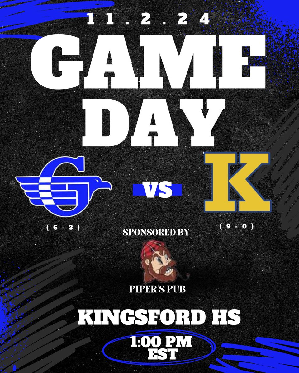 It’s GAME DAY for week 1 of playoff football!

📍 : Kingsford HS
⏰ : 1 PM kickoff (EST)
🎟️ : gofan.co
📺: NFHSnetwork.com (subscription required)
📻: buff.ly/3suAKZx (103 Country)

#EAT #ChaseGreatness