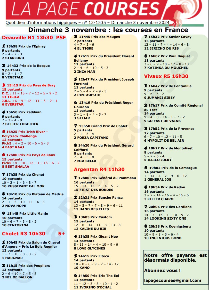 Dimanche 3 novembre 2024.

On galope à Deauville, avec le Quinté.

Cholet propose du galop mixte.

On trotte à Argentan et Marseille-Vivaux.

Pour tout savoir, cliquez ici :

drive.google.com/file/d/1mQTO5a…