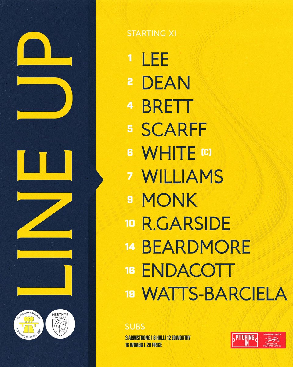 PlymouthPFC's tweet photo. THE PARKWAY 11 | 🟡 

One change from midweek…

James Watts-Barciela comes in with Joe Wragg dropping to the bench 

#PARMER

#ppfc

@swsportsnews https://t.co/NMTjD8z7lN