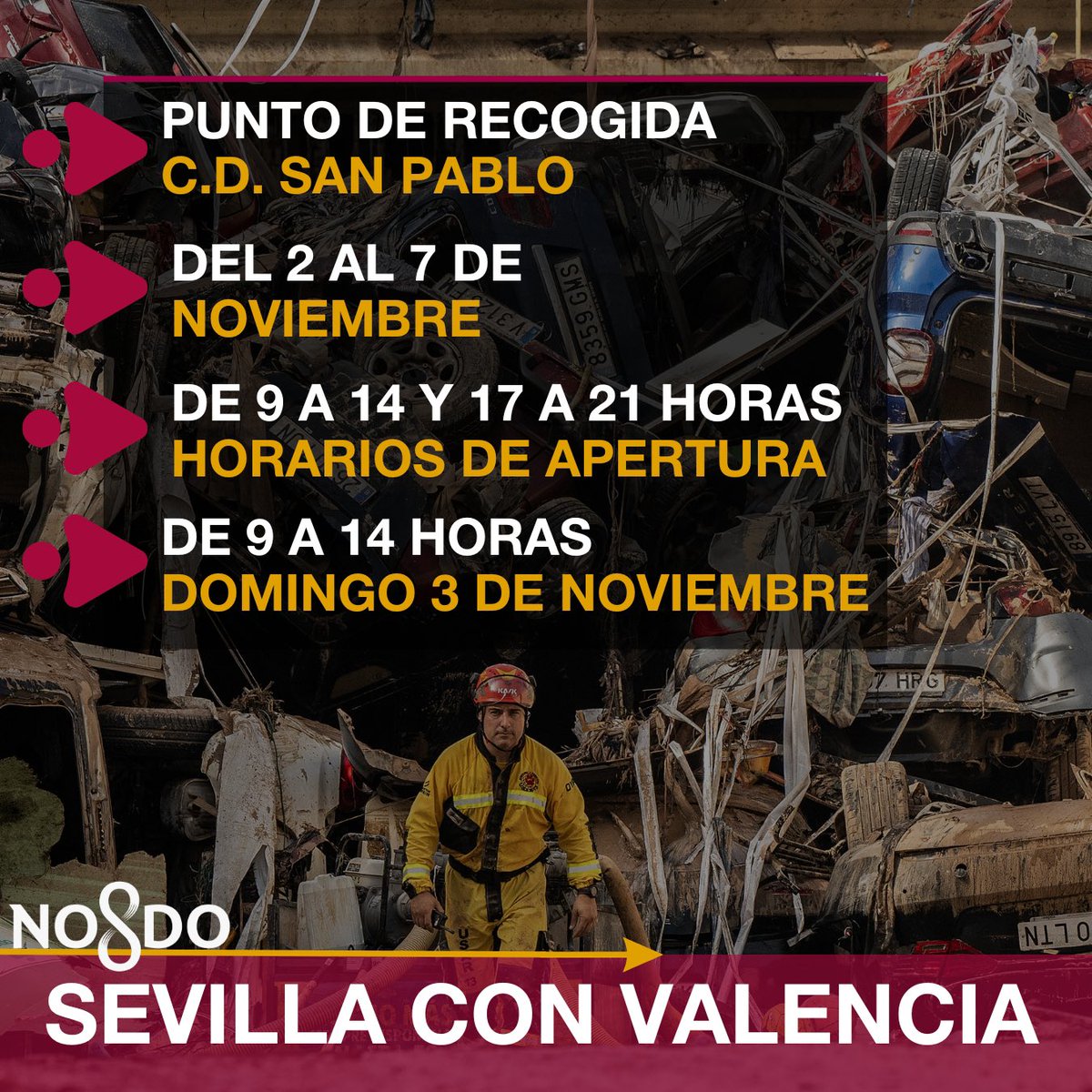 El Ayuntamiento habilita el Centro Deportivo de San Pablo como punto de recogida de donaciones a beneficio de los damnificados por la DANA. ❤️‍🩹

➡️ Colabora entregando agua, alimentos no perecederos y artículos de higiene en los siguientes horarios: