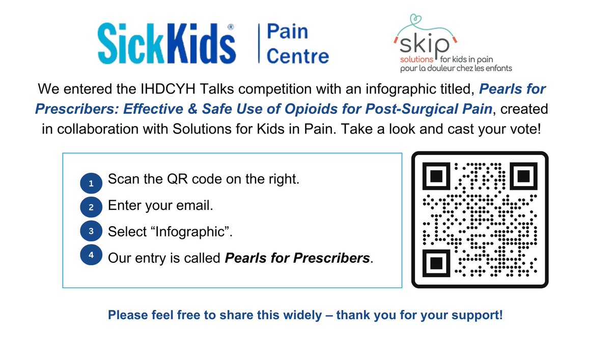 SickKids Pain Centre (@skpaincentre) on Twitter photo We're excited to be part of the #IHDCYHTalks competition with our infographic, Pearls for Prescribers: Effective & Safe Use of Opioids for Post-Surgical Pain, made in collaboration with <a href="/KidsInPain/">Solutions for Kids in Pain</a>! Check it out and cast your vote at bit.ly/IHDCYH-Vote-ID…! #SKIP #OpioidSafety We're excited to be part of the #IHDCYHTalks competition with our infographic, Pearls for Prescribers: Effective & Safe Use of Opioids for Post-Surgical Pain, made in collaboration with <a href="/KidsInPain/">Solutions for Kids in Pain</a>! Check it out and cast your vote at bit.ly/IHDCYH-Vote-ID…! #SKIP #OpioidSafety