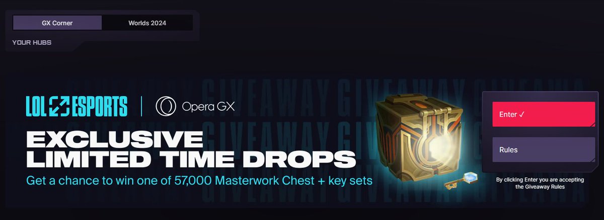 Opera GX (@operagxofficial) on Twitter photo If you got at least 1 <a href="/lolesports/">LoL Esports</a> mod installed, you can join our exclusive Masterwork Chest + Key set giveaway, happy #Worlds2024 🔥 If you got at least 1 <a href="/lolesports/">LoL Esports</a> mod installed, you can join our exclusive Masterwork Chest + Key set giveaway, happy #Worlds2024 🔥