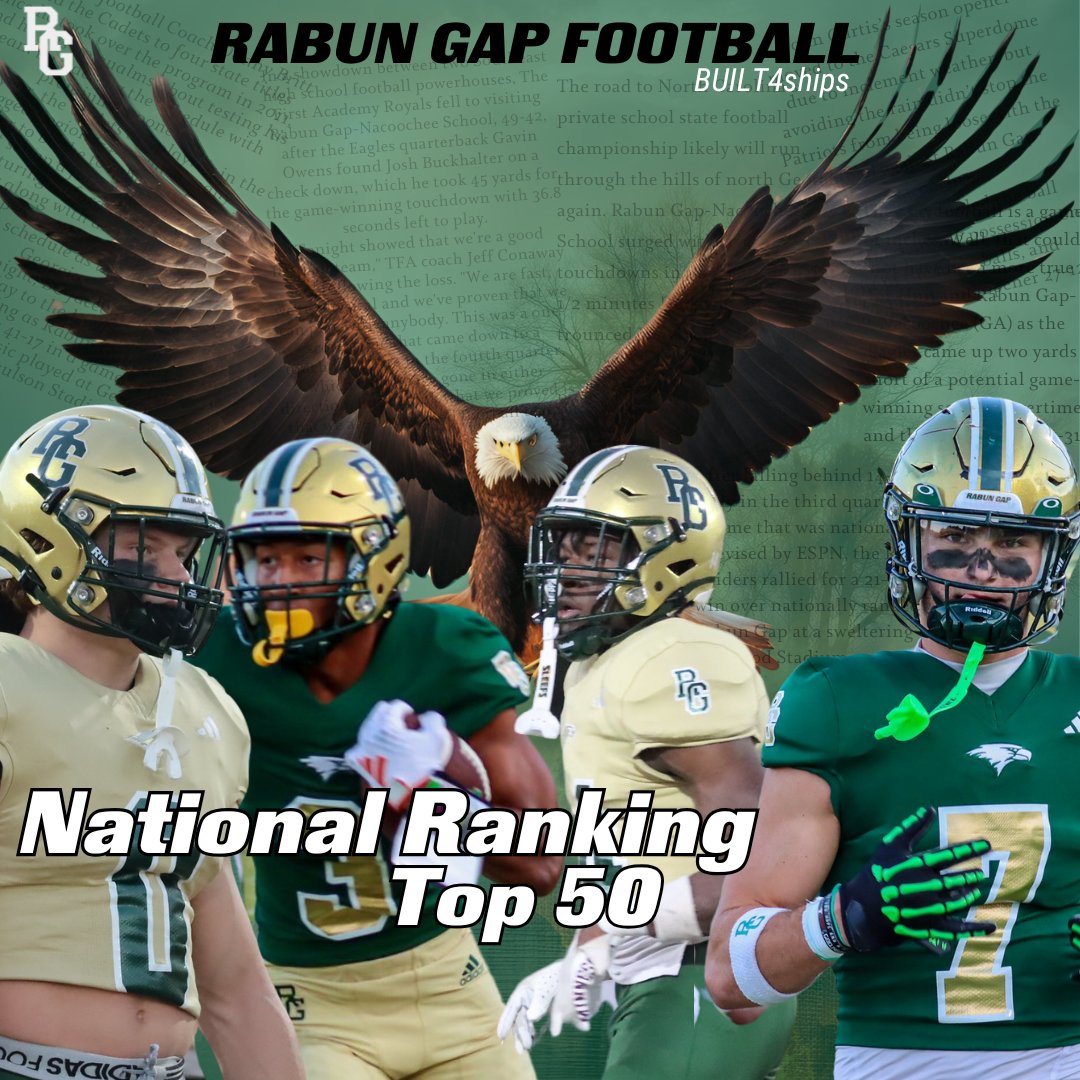 Rabun Gap Athletics (@rabungapeagles) on Twitter photo Ranked in the top fifty in America, Rabun Gap is headed to round two of the playoffs next Friday night here at home. Our national schedule - playing games in, or against teams from, seven different states has the Eagles poised to peak in November!
#BUILT4ships
<a href="/RGNS/">Rabun Gap-Nacoochee School</a> Ranked in the top fifty in America, Rabun Gap is headed to round two of the playoffs next Friday night here at home. Our national schedule - playing games in, or against teams from, seven different states has the Eagles poised to peak in November!
#BUILT4ships
<a href="/RGNS/">Rabun Gap-Nacoochee School</a>