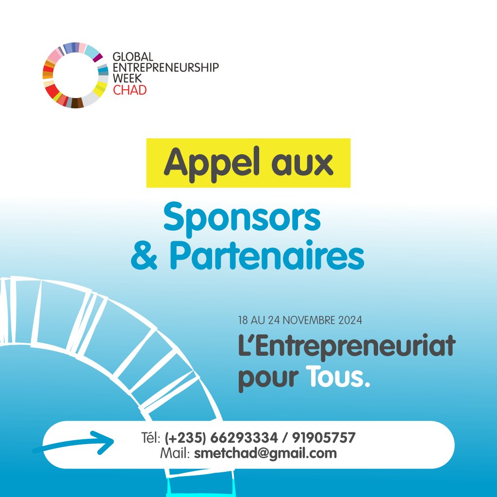 gewchad's tweet photo. 🚀 Devenez Partenaire ou Sponsor de la #SME2024 🚀

Rejoignez-nous du 18 au 24 nov. pour célébrer « L'entrepreneuriat pour tous » ! 
📞 : 66227661 / 98282552 
📧 smetchad@gmail.com

Faites briller votre engagement pour l'avenir économique du Tchad ! #SMETchad2024 #Entrepreneuriat https://t.co/rSLKpEwuSE