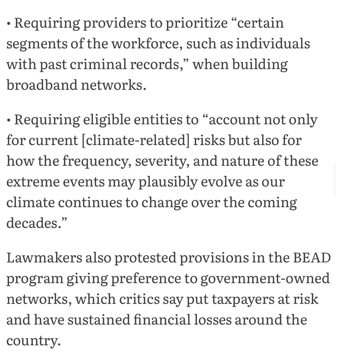 MattWhitlock's tweet image. They spent $43B of our tax dollars on rural broadband. 3 years later nobody has been connected. 

Why?

Because to qualify to build networks you have to *prioritize hiring people with criminal records.*

And “account for” how bad weather events are the result of climate change.