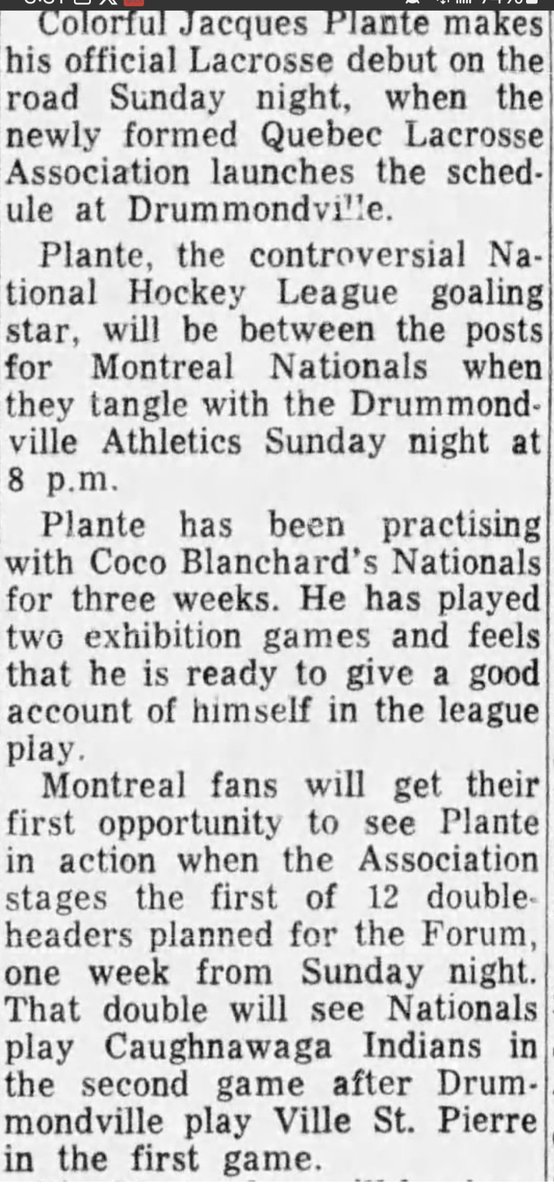 Plante played in 1964 and 1965 with Bernard "Coco" Blanchard's, Montreal Nationals.  
Blanchard was inducted in to the Canadian Lacrosse Hall of Fame in 1974 in the Builder category for  developing Senior Lacrosse in Quebec
<a href="/CanLaxHall/">CLHoF</a>
<a href="/QCSLL/">QSLL</a> 
<a href="/MohawkLacrosse/">Kahnawake Mohawks Lacrosse</a> 
<a href="/MuskiesLacrosse/">S.I. Muskies</a>