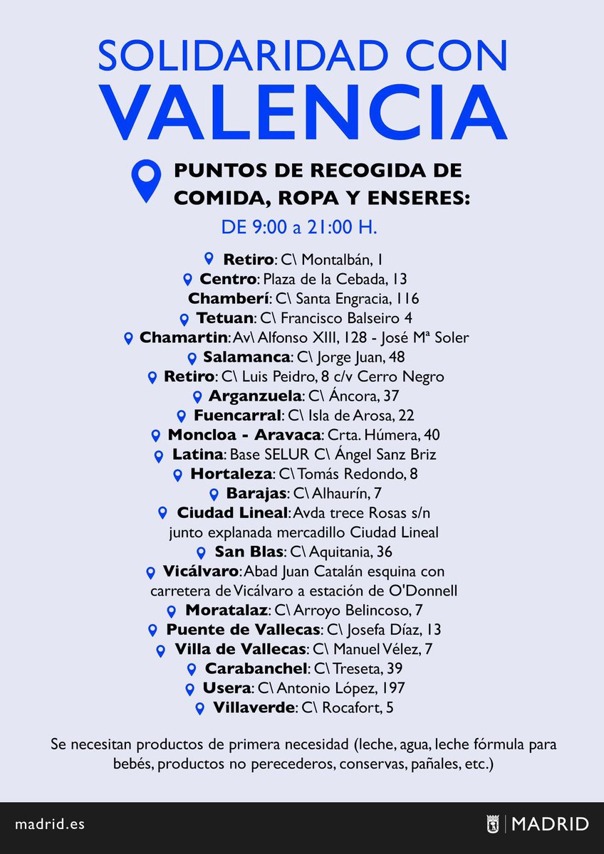 Nuevo punto de recogida de productos solidarios para #Valencia en nuestro distrito. 

👉 Comisaría de Fuencarral, c/ Soto Palacios. 
👉 Punto Limpio c/Úbeda #Peñagrande

Hacen falta muchas cajas de cartón para guardar el material y productos básicos.