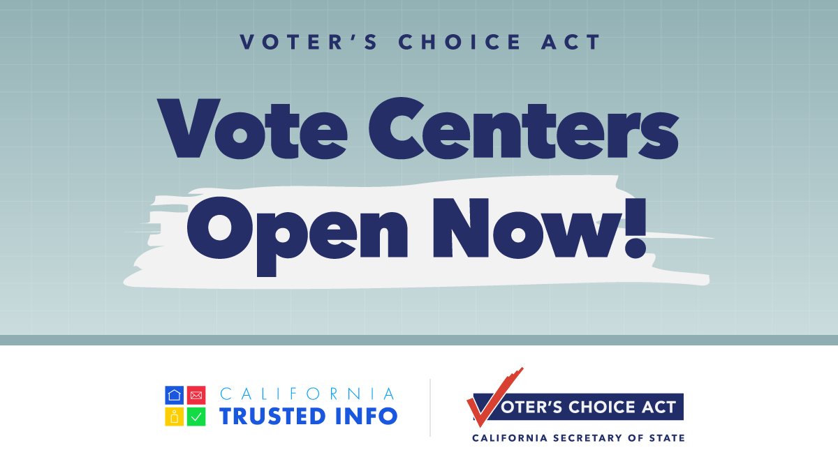 CASOSVote's tweet photo. All #vote centers are open in early voting counties! Check if you live in one and find a location at https://t.co/RPE2gYmYF8. #VCA #MoreDaysMoreWays #CATrustedInfo2024 #VoteCalifornia #GeneralElection2024 #VoteCA #CaliforniaSOS #ShirleyNWeberPhD https://t.co/OsWvXMGGqA