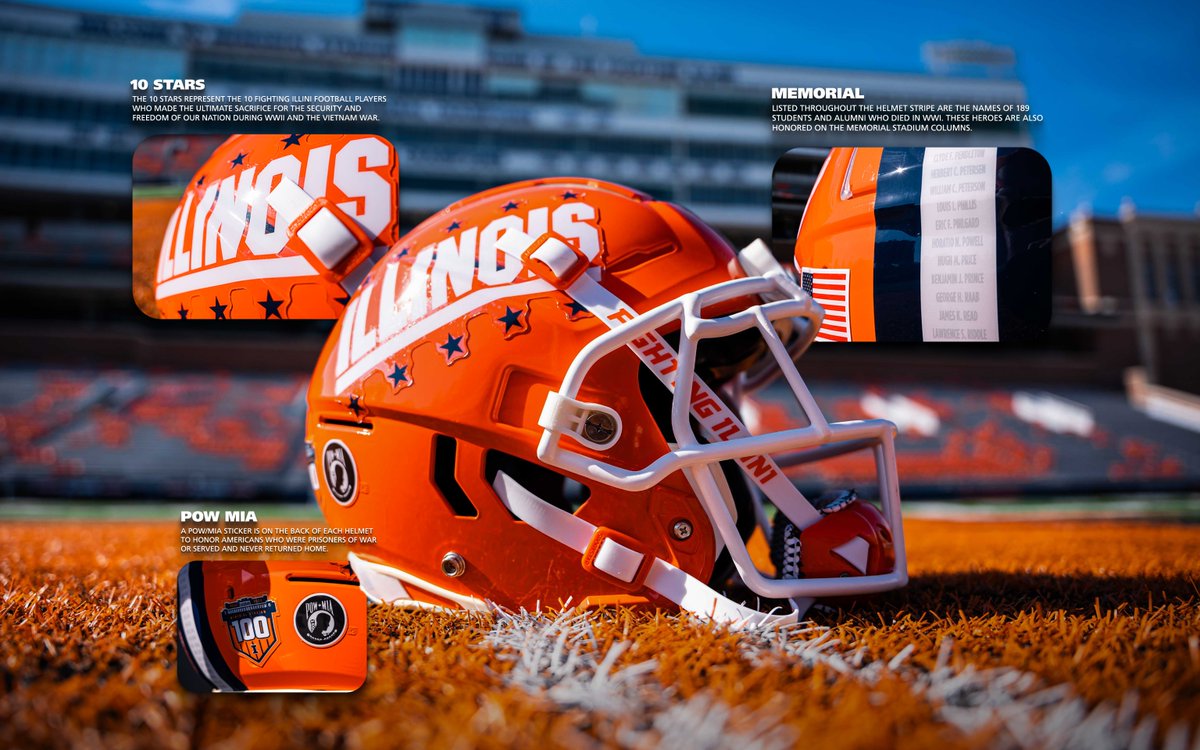 IlliniFootball's tweet photo. Each detail matters. 

The helmets worn for our Military Appreciation Game include unique details to honor those who have defended our country. 

#Illini // #HTTO // #famILLy https://t.co/zee3ekiQJl