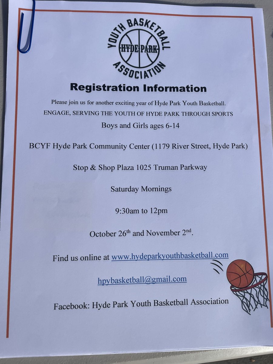 Rob Consalvo (@robconsalvo) on Twitter photo It’s not too late to sign up for Hyde Park Youth Baskeball!  Today we are at Stop and Shop on Truman Parkway and at the HP Community Community Center, 1179 River Street, from 10-12!  A great program in our community! It’s not too late to sign up for Hyde Park Youth Baskeball!  Today we are at Stop and Shop on Truman Parkway and at the HP Community Community Center, 1179 River Street, from 10-12!  A great program in our community!