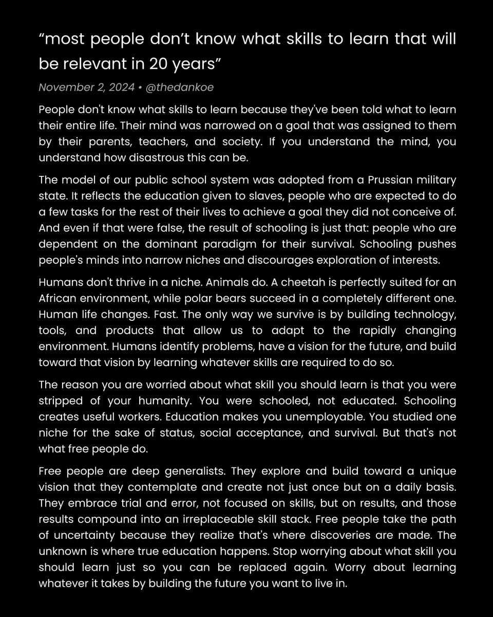 thedankoe's tweet image. "most people don't know what skills to learn that will be relevant in 20 years"